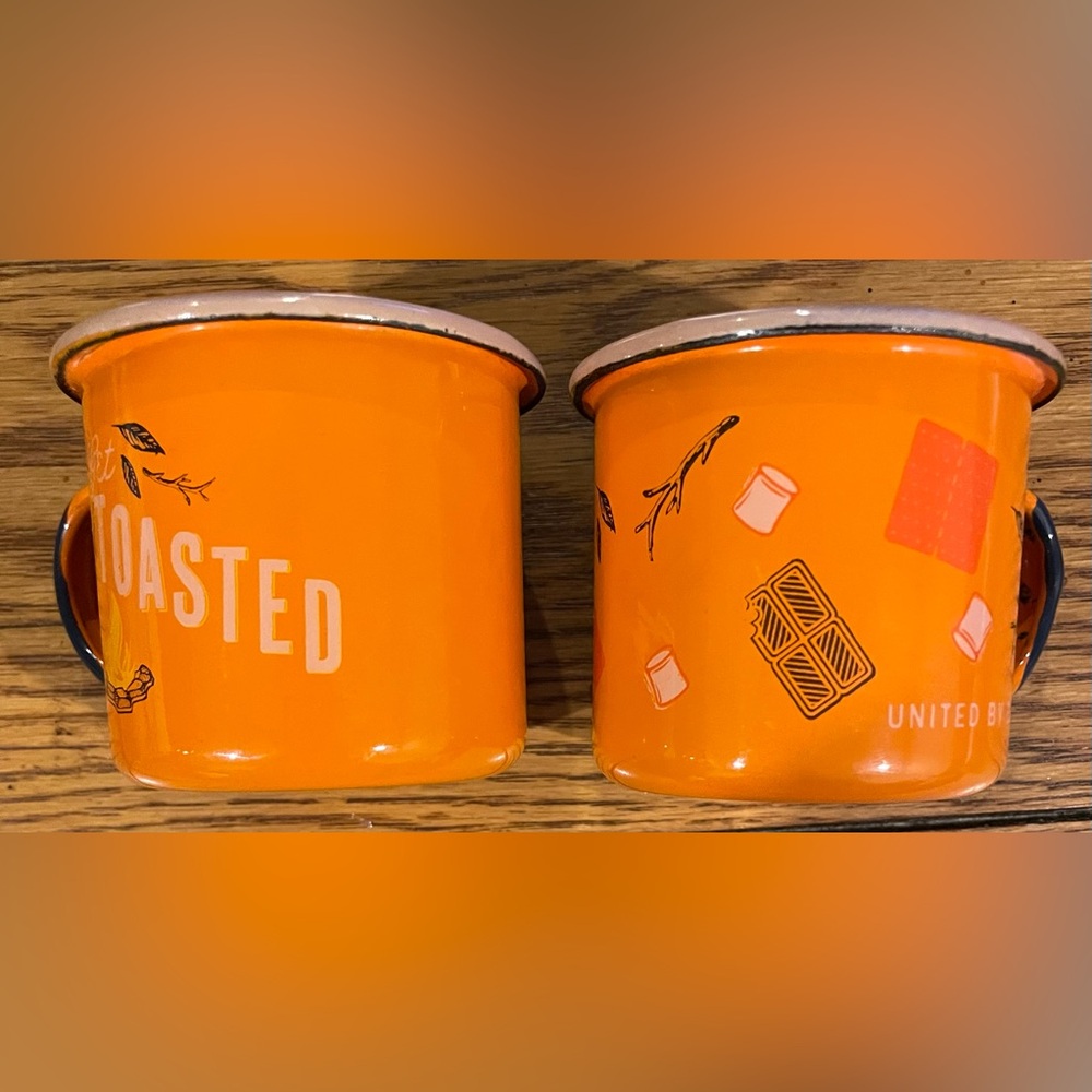 United by Blue, Enamelware,pair of mugs, “Get Toasted” orange, 5 oz, 2 inch tall